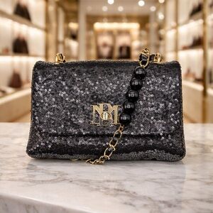 Badgley Mischka Black Sequin Shoulder Bag with Gold Hardware